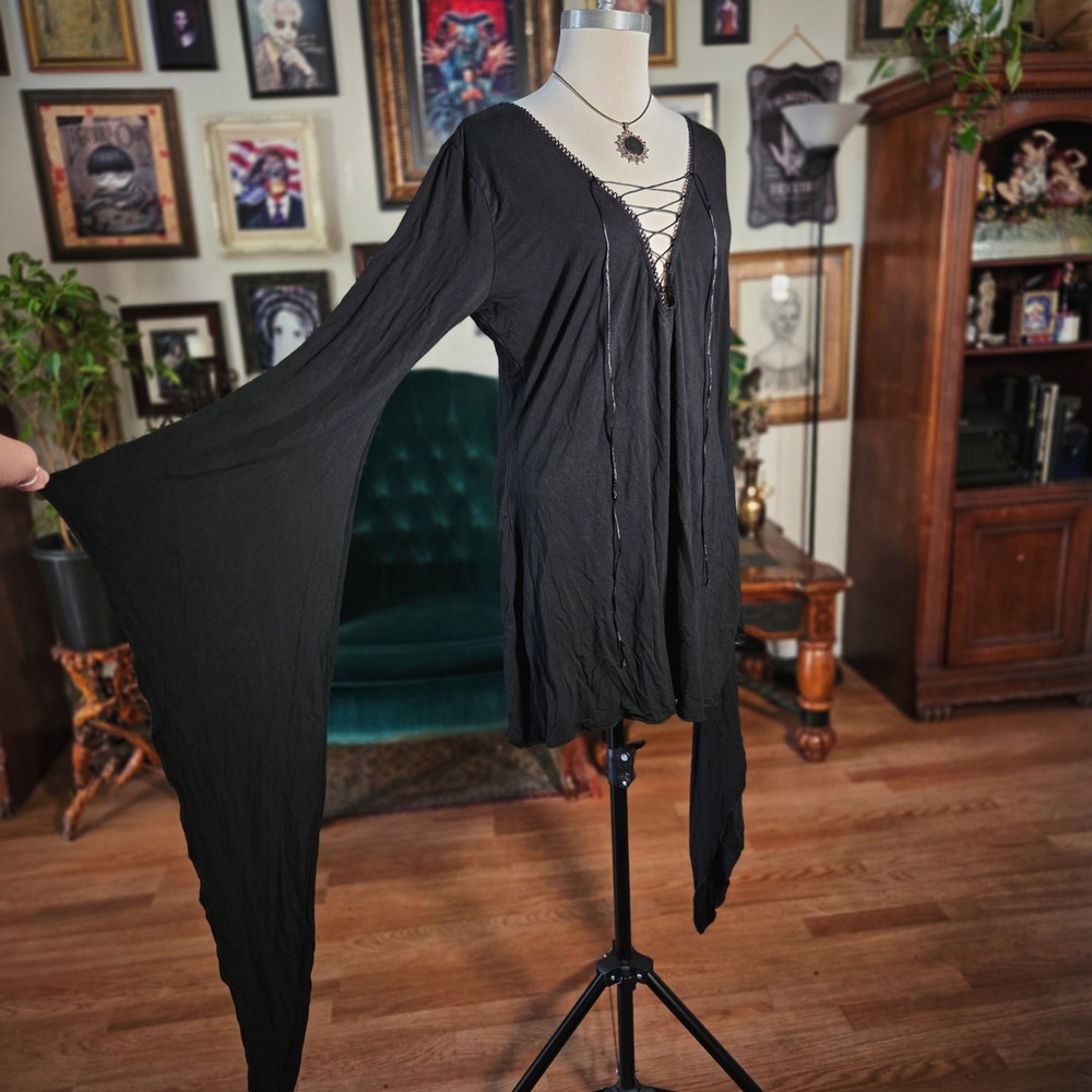 Widow Dolls Kill Tunic Top Black Lace Up Bell Sleeve Goth Witchy Plus Size 3X